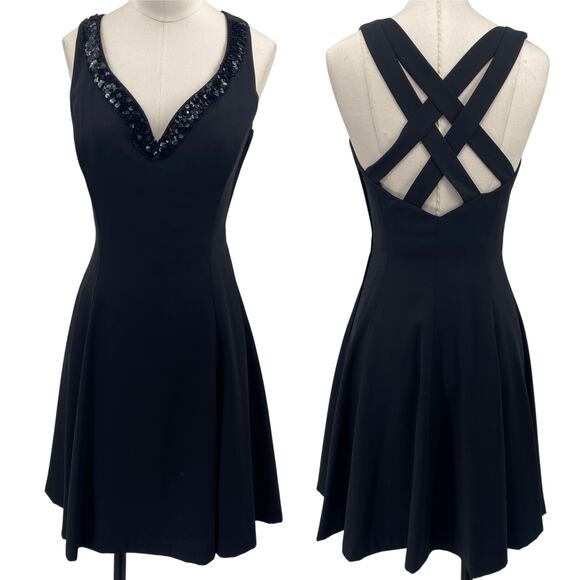 Vintage 90s Fit & Flare Mini Cocktail Dress Sequin Neck Strappy Open Back Black - Picture 1 of 8
